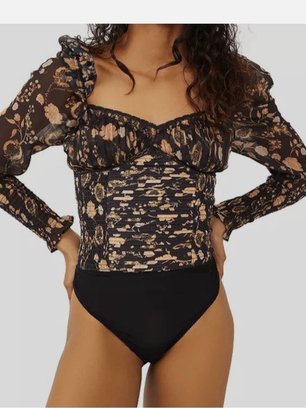 Free People Floral Long-Sleeve Bodysuit in Black and Beige